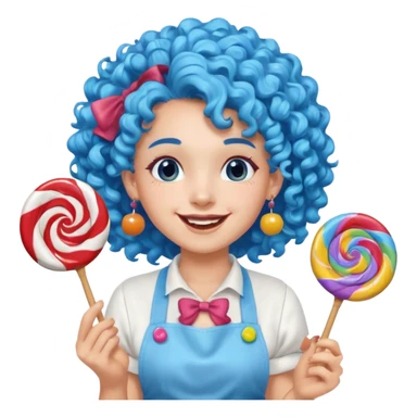 candy shop vendor, looking like candy with candy earrings and candy hair with big smile and blue curly hair sticker