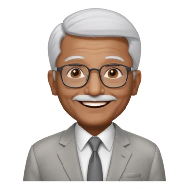 70 yr old indian man, short straight white hair brushed foreward , light grey business suit, big smile, dark brown skin, no moustache, dark brown eyes, glasses
 sticker