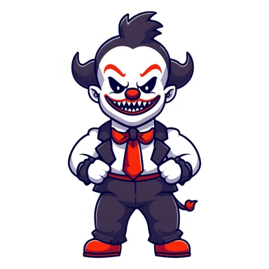 full-body muscular demonic clown in black and white leisure suit with bellbottom pants, bald, black ram horns, flashy black and white belt, ruffled white shirt, no neck tie, large fangs, cartoon sticker style sticker