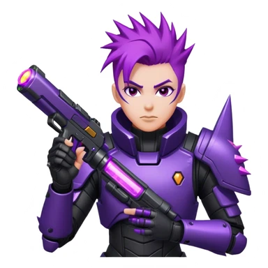 A space bounty hunter with spiky purple hair, black armored suit, and a glowing plasma gun. sticker