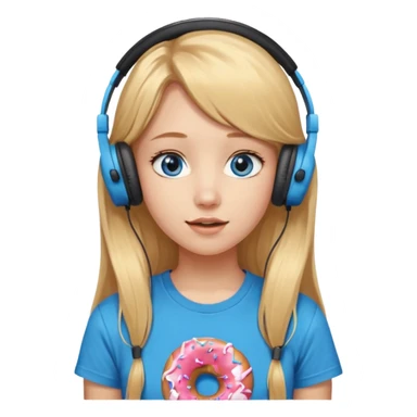 una ragazza dall‘ età di 19 anni con capelli biondi miele lunghi ,  occhi celesti,  con addosso una maglietta con una ciambella e le cuffie ascoltando violetta sticker