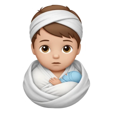 A new born baby boy wrapped in a swaddle with brown hair sticker