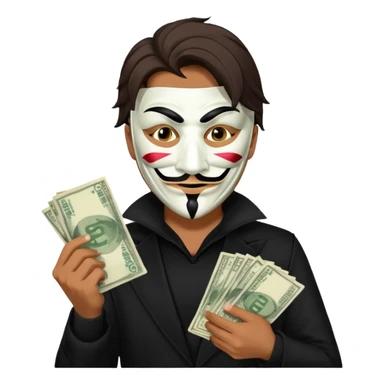 A man in black clothes with an Anonymous mask, holding money, ember text sticker