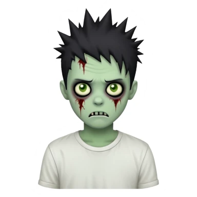 zombie boy with spiky black emo hair, pale green skin, white shirt sticker
