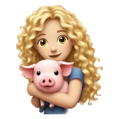 pretty curly long blonde girl hugging a pig sticker