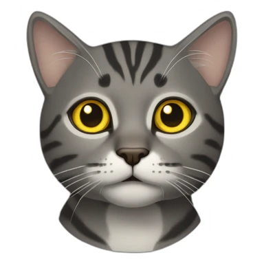 dark gray tabby cat with yellow eyes, black nose, some brown around mouth, tip of left ear missing, brown around mouth sticker