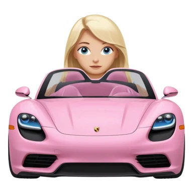 pink Porsche taycan with blonde girl, long hair, blue eyes, sitting in the car, front view point of view, no sunglasses sticker