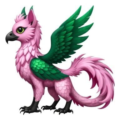 Emerald-green gryphon-Trico-fusion-hybrid with a long tufted tail, black beak, pink swirly pattern markings, black claws, black tail, majestic, realistic, furry (full body) sticker