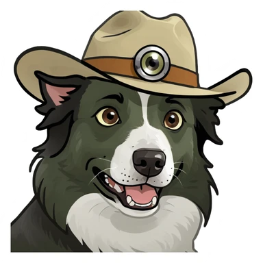 Border collie with crazy eyes wearing a cowboy hat sticker