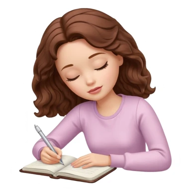 White Barbie girl dark Chestnut bob wavy hair sleeping with In pale creamy clothes, he writes in a notebook sticker