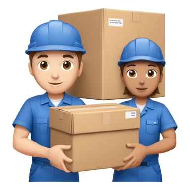 two workers in blue work uniforms and caps carrying a large box, alternate expression sticker