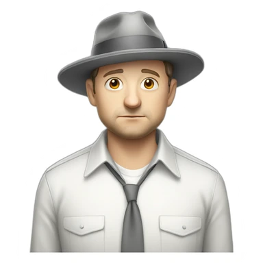 tim robinson wearing a grey fedora with a grey flap on the back white shirt looking sad sticker