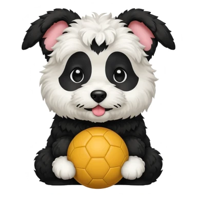 Havapoo dog one half of its face black the other white with black ears sitting down with ball in its mouth  sticker