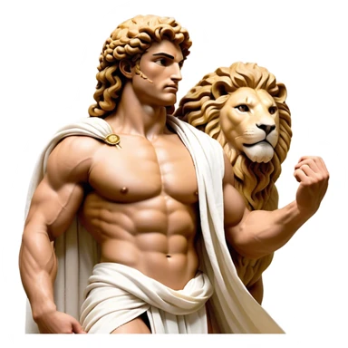 Cinematic Realistic Hercules Portrait, depicted as a classical Greek hero merging the fierce masculinity of the lion-wrestling Hercules with the refined face of Michelangelo's David. His light tan, chiseled skin glows with timeless strength, and his thick, curly, golden brown hair cascades in natural, sculpted curls reminiscent of a warrior’s mane. Draped in a flowing white robe with delicate golden accents and crowned with a traditional Greek laurel wreath, his intense, determined eyes exude noble might, all rendered under dynamic natural lighting with a mythic, radiant glow. sticker