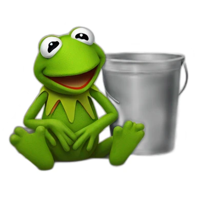 Sad Kermit, sitting on the ground against a wall, holding a bucket in his hands with tears flowing from his eyes into the bucket  sticker