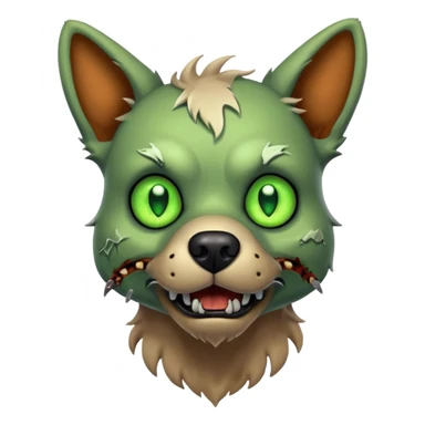 zombie dog portrait, head and shoulders only, torn fur, glowing green eyes, stitched face details, spooky but cute, 3D cartoon, mobile game icon style, clean background, no text, no watermark
 sticker