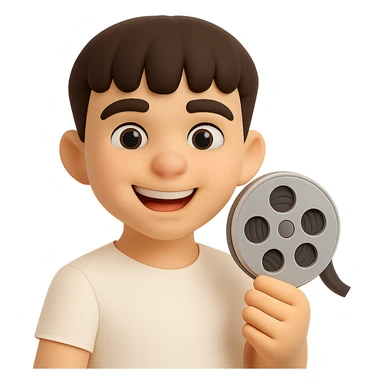 Make the character look happier and with a lighter skin tone, keeping the same 3D cartoon style. Keep the film reel and white shirt. Preserve the transparent background. sticker