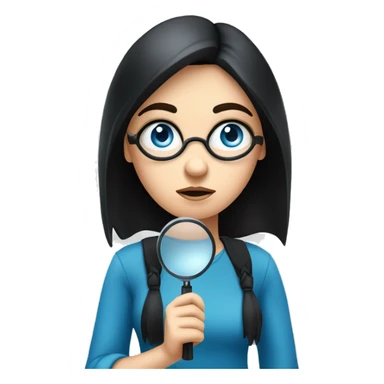 white girl with black hair and blue eyes holding a magnifying glass and suspicious look sticker
