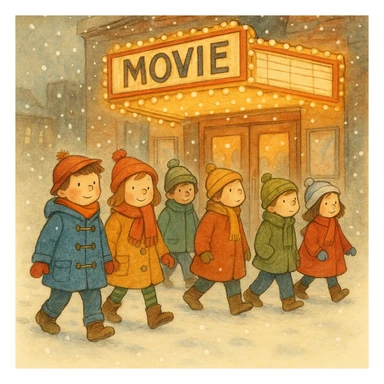 A group of school children walking to a movie theater in winter, inspired by Paddington Bear sticker