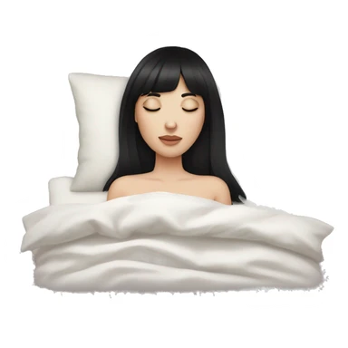 Woman pale skin black hair with bangs sleeping in bed with pillow, white woman sticker