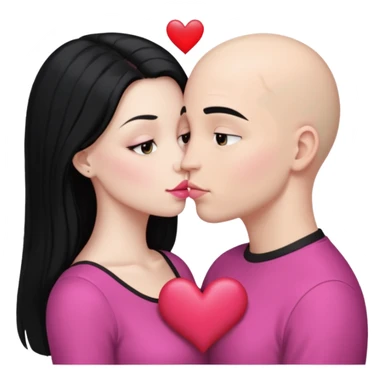 👩🏻‍❤️‍💋‍👨🏻 this one but the man should be bald. white woman with long black hair and white bald young man whoitiut hair and a heart between their heads. she has pink lips and both have brown eyes. sticker