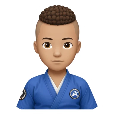 Mixed race boy BJJ instructor with pony tail afro hair and shaved bald sides haircut, Make the hair brown and the belt blue. Add the roger Gracie academy logo on the go also and the p logo of progress jiu jitsu on the right arm sleeve  at the top sticker