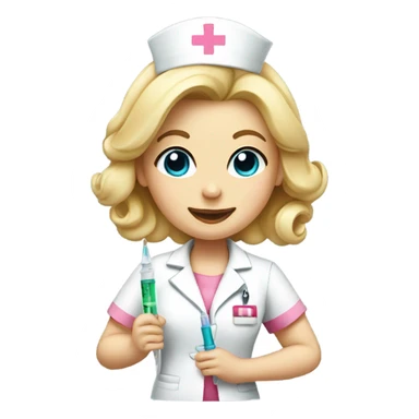 A blonde nurse with a pink bow in her hair and a syringe  sticker