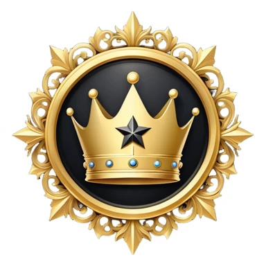 A luxurious golden badge icon in a circular shape, featuring an ornate crown at the top and a glowing star in the center, digital art style, minimal black background, high detail, gold and black color scheme, 3D rendered, designed for use as a Discord emoji, elegant and powerful design sticker