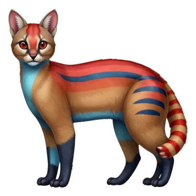 Colorful exotic shiny striped blue with red markings tropical glorious iridescent divine exotic cute cool beautiful realistic caracal-civet-genet-sergal-vernid-Cacomistle-Trico-oncilla-animal-Fakémon-hybrid-fursona (full body) sticker