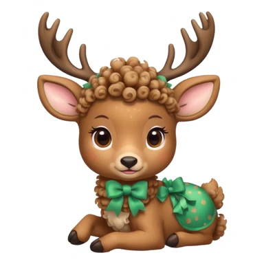cute deer with curly fur, sitting down, wearing a bow on its head. sticker