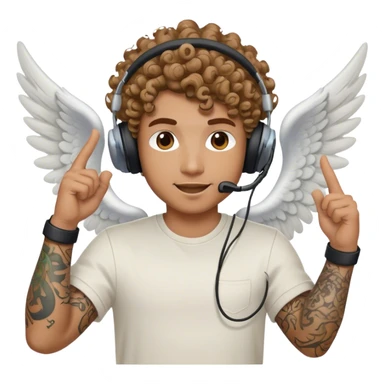 Man with a tattoo and a gaming headset. An angel with curly hair is above him cheering sticker
