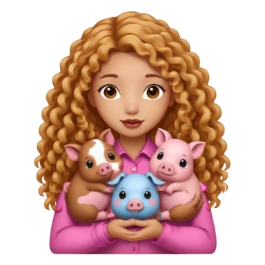 sexy asian tanned girl with cute brown and pink minipigs on hands, long golden curly hair sticker