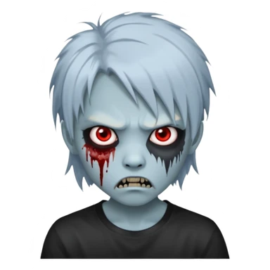  3D emoji-style avatar with very pale blue-grey zombie skin , a young Asian face, and large eyes with blood tears. Give it white litle bit messy mullet hair style , silver hoop earrings, and a plain black T-shirt. The face expression should be slightly angry, with vampire fang sticker