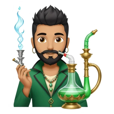 Brass hookah with green design on a glass water base on the top; with two smoke pipes where people are holding them and smoking - one white guy with spikes (silver and black hair) and another Tamil handsome with little beard Indian guy sticker