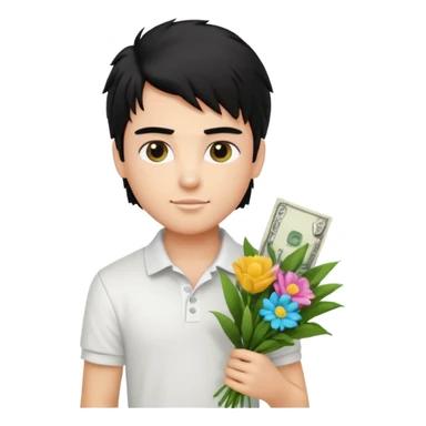 generate a pretty fair bratz boy with a messy mullet (black hair), wearing a white polo.  carrying a bouquet made of money. Fancy card behinf him sticker