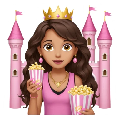 a woman with long dark brown  beachy wavy hair with light brown big eyes wearing pink vest top gold necklace baby pink nails and gold stud earrings with a pink castle fantasy in the background while eating popcorn  sticker