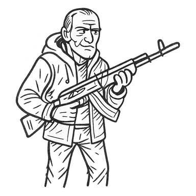 old skinny tough charismatic character from STALKER with a big machine gun sticker