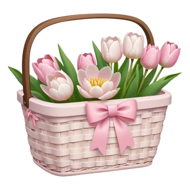 A white Picnic basket with light pink bow, white peonie, tulips sticker