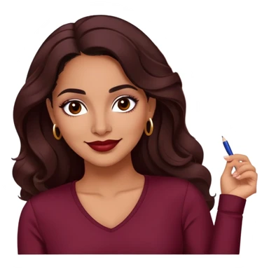 Puerto Rican actress Lynette Torres, woman with warm brown skin, attractive elegant features, expressive dark eyes, well-defined eyebrows, straight nose, friendly smile, long dark wavy hair, wearing a fashionable burgundy top sticker