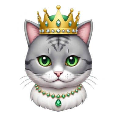 Gatito gris oscura con rayas negras ojos verdes vestida de reina con coronas y diamantes, más peluda y gordita  sticker