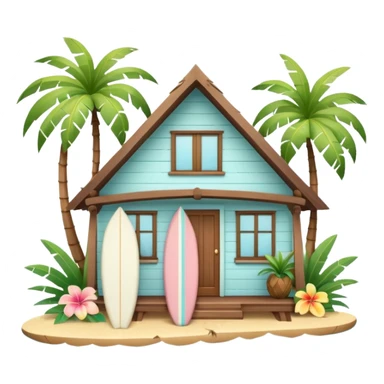Hawaiian bungalow house, pastel colors, wooden porch, surfboard leaning on wall, palm leaves, tropical vibe, cute mobile game icon style, 3D cartoon, clean background, no text
 sticker