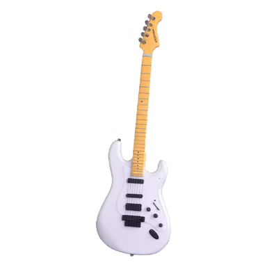 White electric guitar with sleek shiny body, black strings, and smooth neck sticker