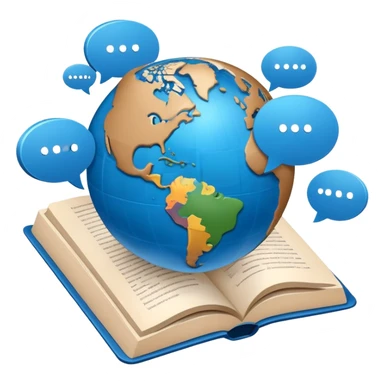 An icon showing a globe surrounded by speech bubbles with greetings in different languages, like 'Hello,' 'Hola,' and 'Bonjour.' The design includes an open book and a quill, symbolizing learning and communication. Transparent background emphasizes global connection through language. sticker