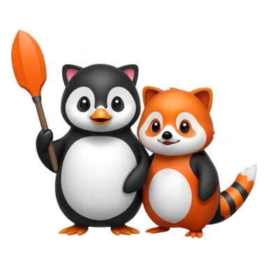 A cartoon  cute cartoon penguin. Next to it is a cartoon red panda holding its flipper  sticker