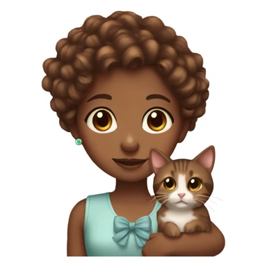 Girl with brown eyes brown skin and brown curly hair holding a cute cat with a bow sticker