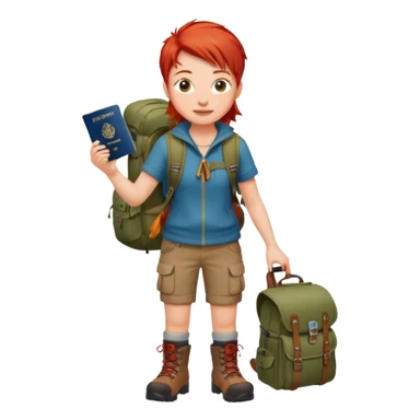red haired Traveler character with passport, backpacker,  sticker