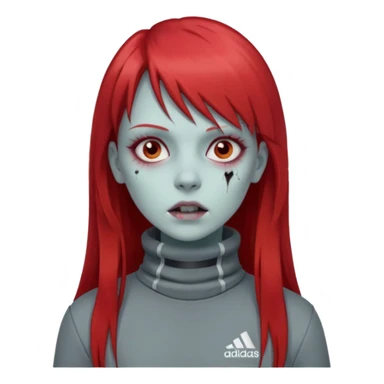 Crie um emoji de uma menina zumbi  com o cabelo vermelho longo com uma franja reta casaco de gola alta da adidas sticker