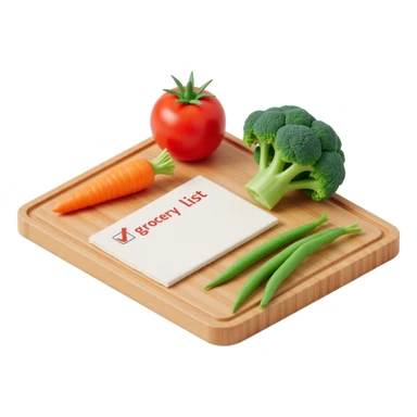 "3D isometric illustration of a wooden cutting board with fresh vegetables (carrot, broccoli, tomato, peas), a paper grocery list with checkboxes, soft lighting, realistic textures, floating shadows, minimalistic style, dark background, modern food planning app aesthetic sticker
