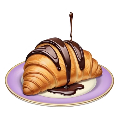 There's a croissant with chocolate syrup in a vintage pale purple plate. sticker