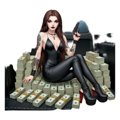 Lilith symbol red eye seductress evil long brown haired sexy succubus woman with leather long dress with slit, sitting in Big Large F350 pickup truck. Black Platform high heels on feet. Tattoo sleeve , seat full of stacks of cash, and a man dead human skull of her enemies and a gun in other hand sticker